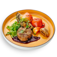 Бифштекс со смородиновым соусом и овощами гриль 